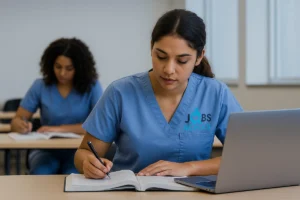 CNA student in blue scrubs studying with a laptop and textbook in a classroom – Jobs4CNAs logo on uniform.